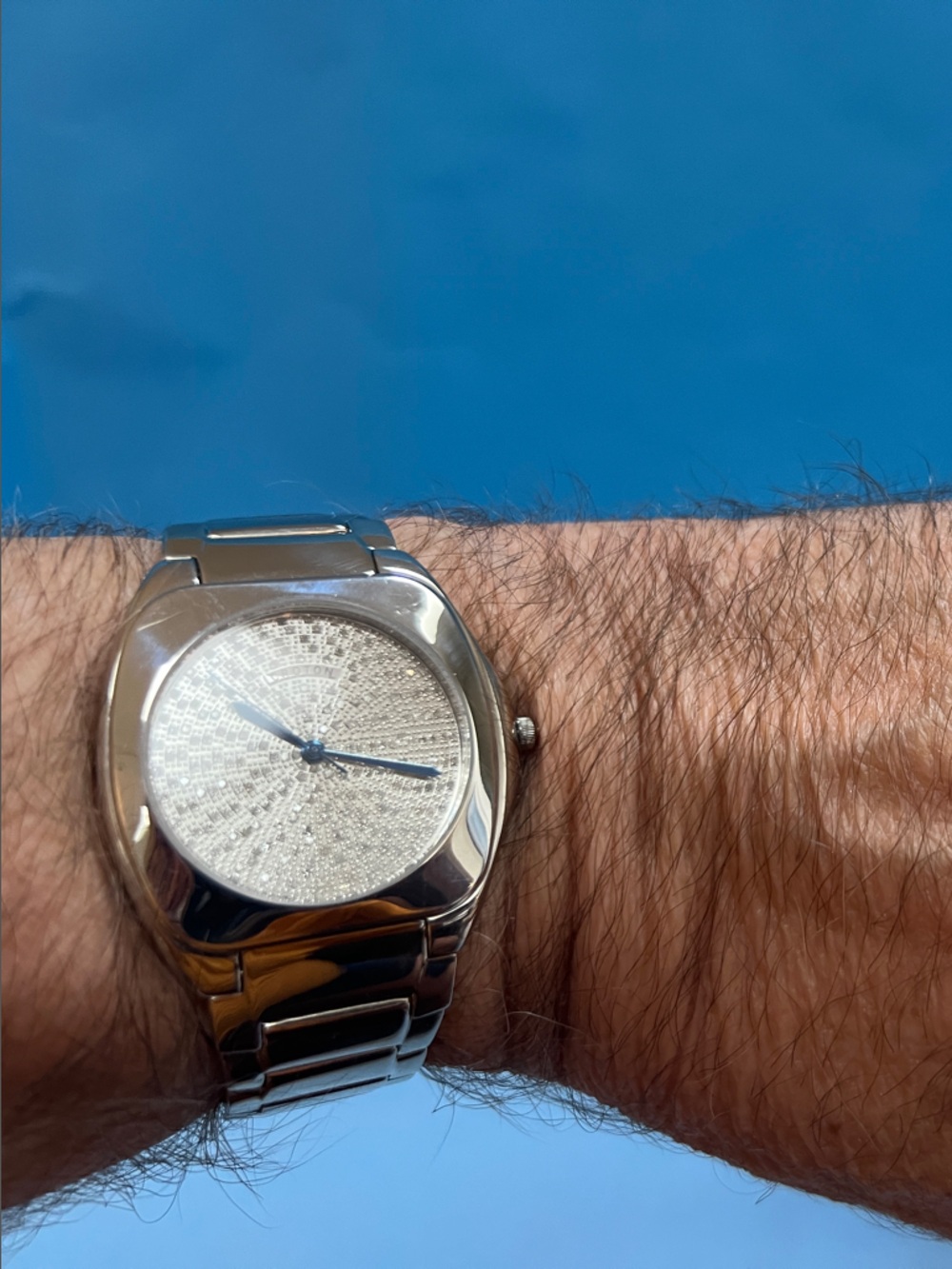 Croton Silver-Tone Bracelet Watch with Sparkling Silver Face and Dials.